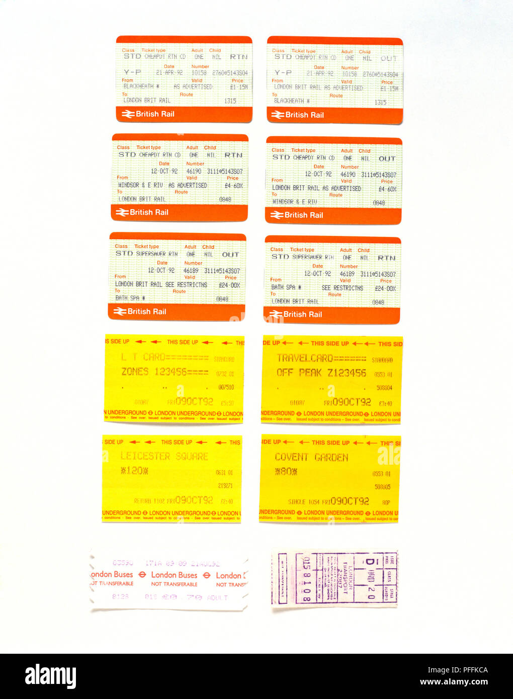 Raccolta di Londra i biglietti dei trasporti pubblici, compresi biglietti bus e i biglietti del treno Foto Stock