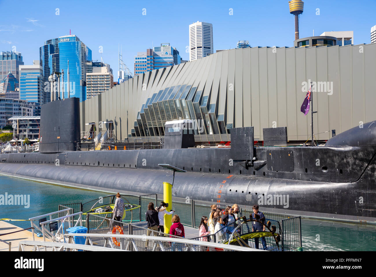 Australian National Maritime Museum e HMAS Onslow sottomarino nel Darling Harbour di Sydney, Australia Foto Stock