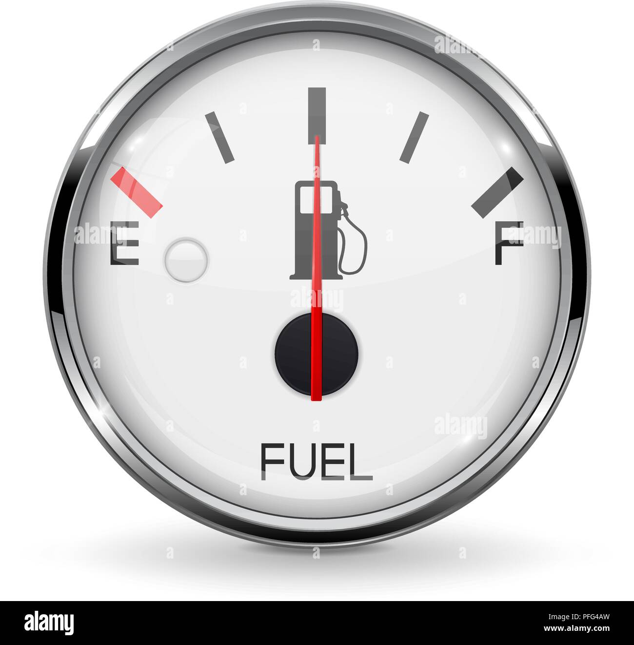 Indicatore di livello carburante. Mezza tanked. Round cruscotto di automobile 3d dispositivo con cornice cromata Illustrazione Vettoriale