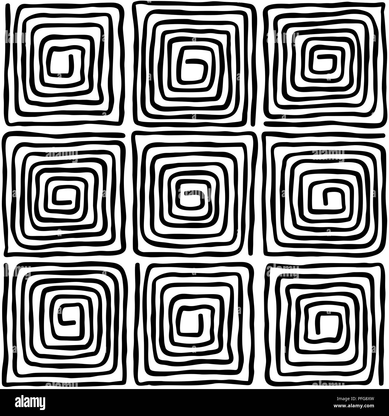 Nove quadrato nero spirali. Modello senza giunture. Allentate, irregolari e disegnati a mano spirali. Piastrella e modello per un motivo o per creare un ornamento. Foto Stock