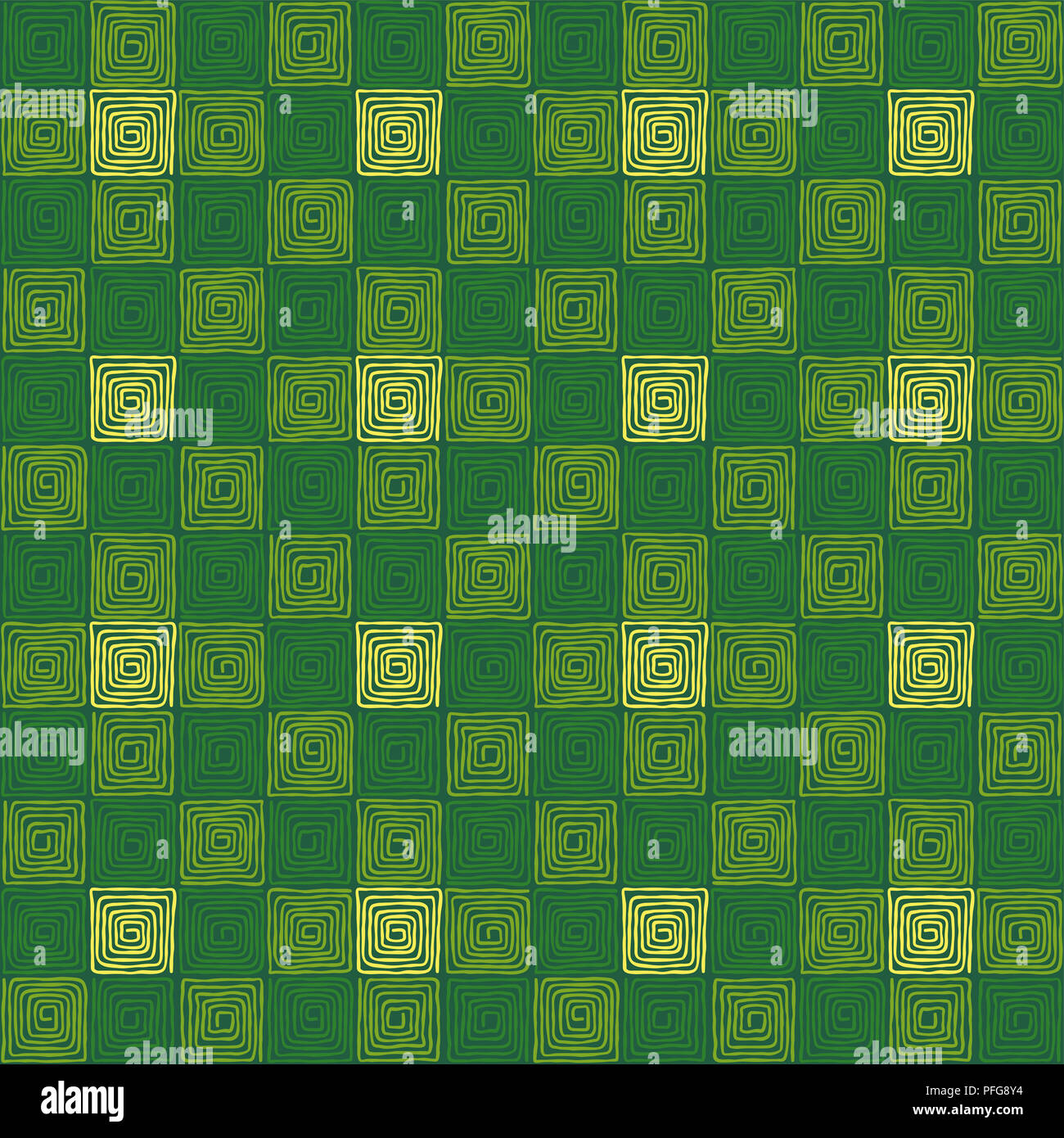 Colore verde quadrato senza giunture modello a spirale. Allentate, irregolari e disegnati a mano spirali. Piastrella e modello per un motivo o per creare un ornamento. Foto Stock