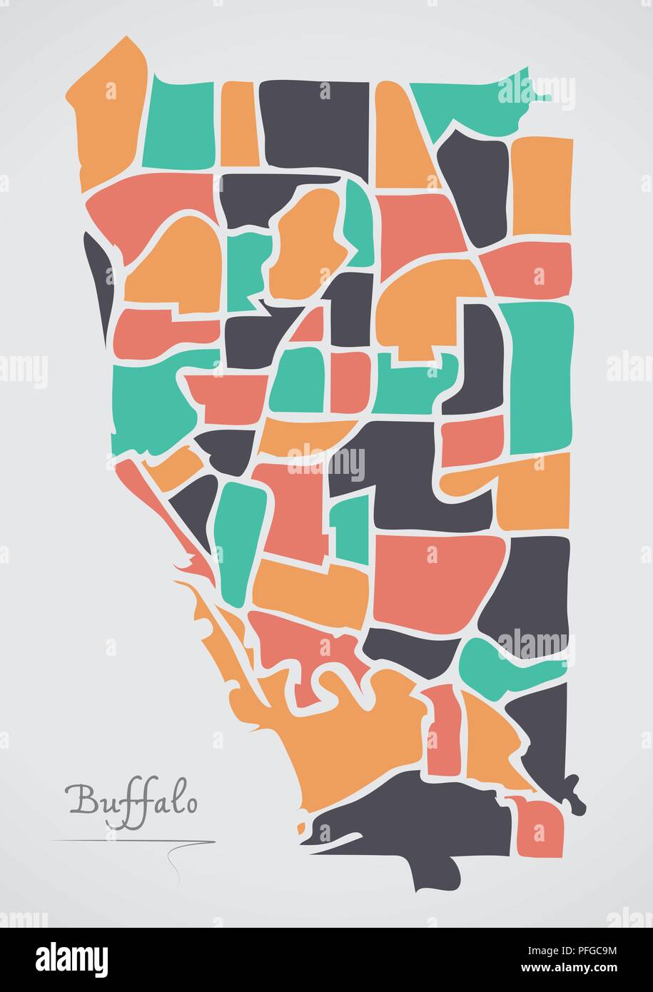 Buffalo New York mappa con i quartieri e di moderne forme rotonde Illustrazione Vettoriale