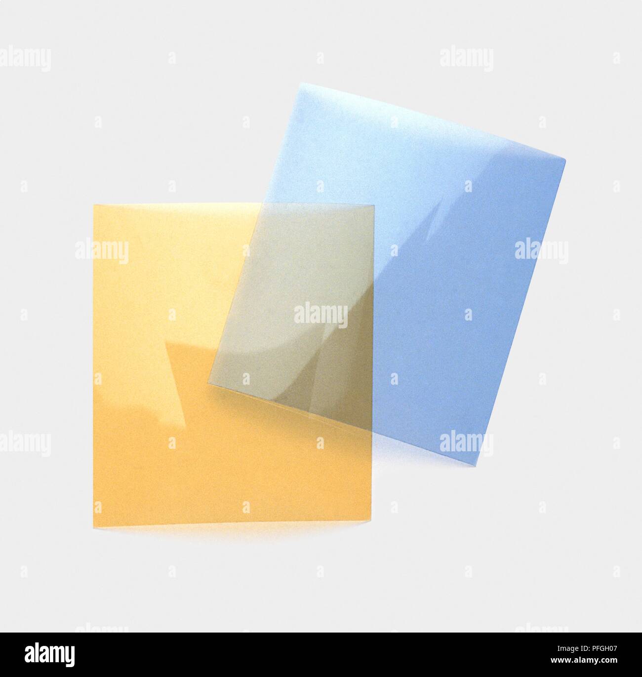 Due pezzi di acetato oscurata, giallo pallido e blu chiaro Foto Stock