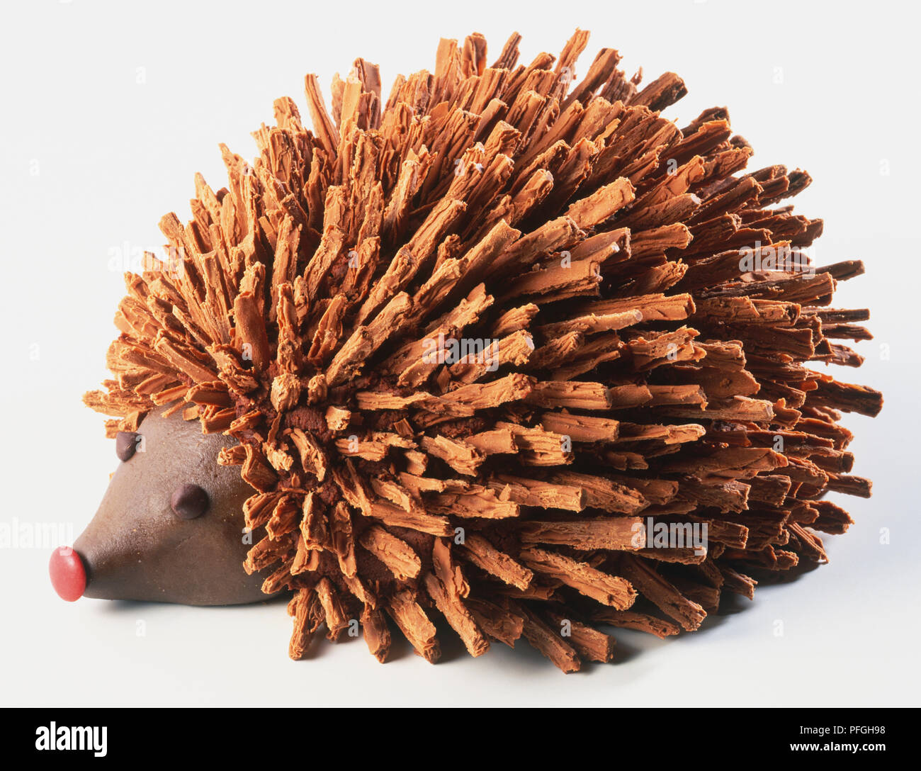 Torta di hedgehog, fudgy torta al cioccolato, scaglie di cioccolato spuntavano come picchi, marzapane volto con il naso rosso e la goccia di cioccolata gli occhi. Foto Stock