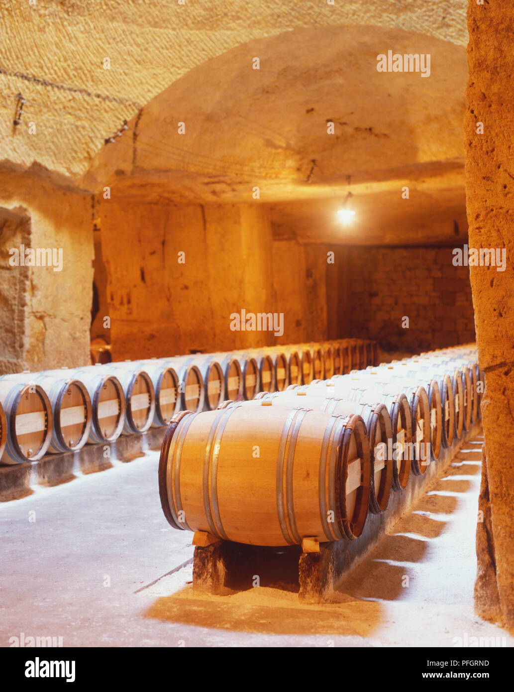 Barili di vino in linee memorizzate in una cantina. Foto Stock