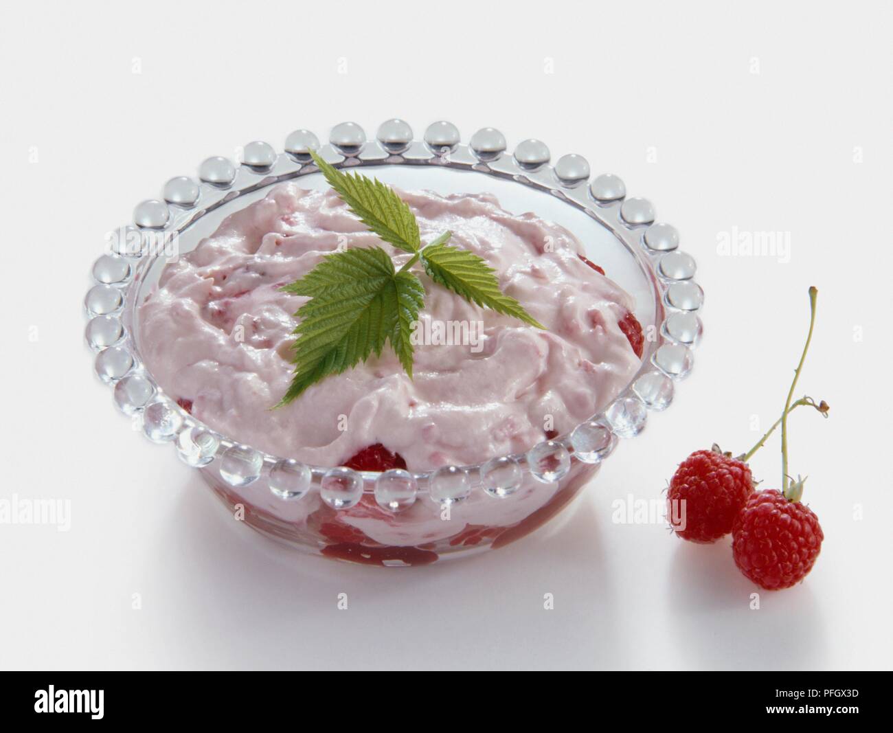 Lampone inezia dessert guarnito con foglie di lampone Foto Stock