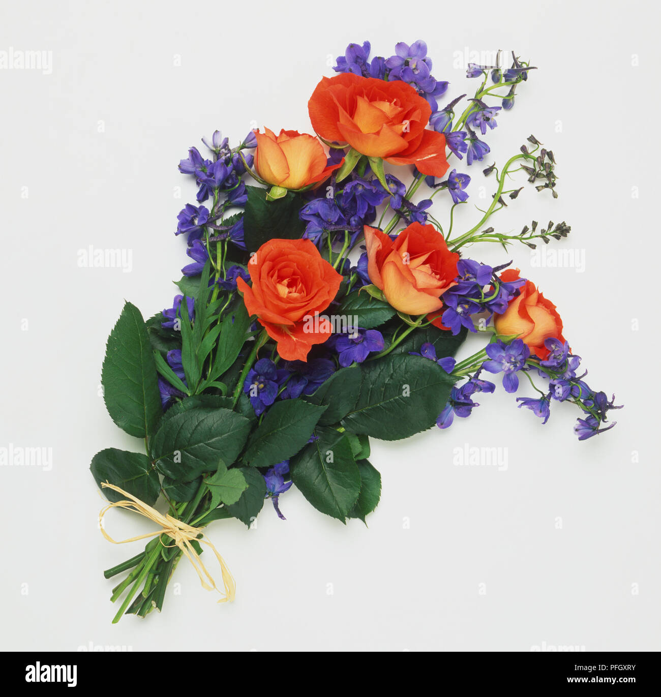 Mazzetto di rosso-arancione rose e fiori viola con foglie. Foto Stock