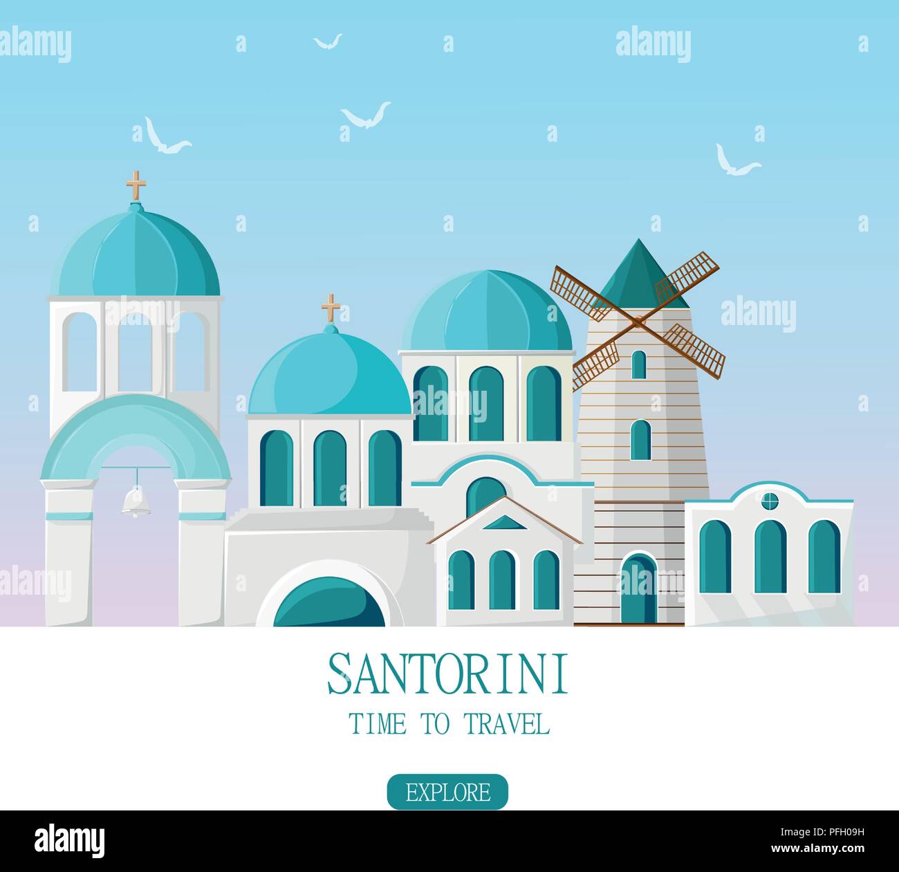 Santorini Grecia architettura vettore facciate. Banner di viaggio di bianco e blu con case illustrazione dello sfondo Illustrazione Vettoriale