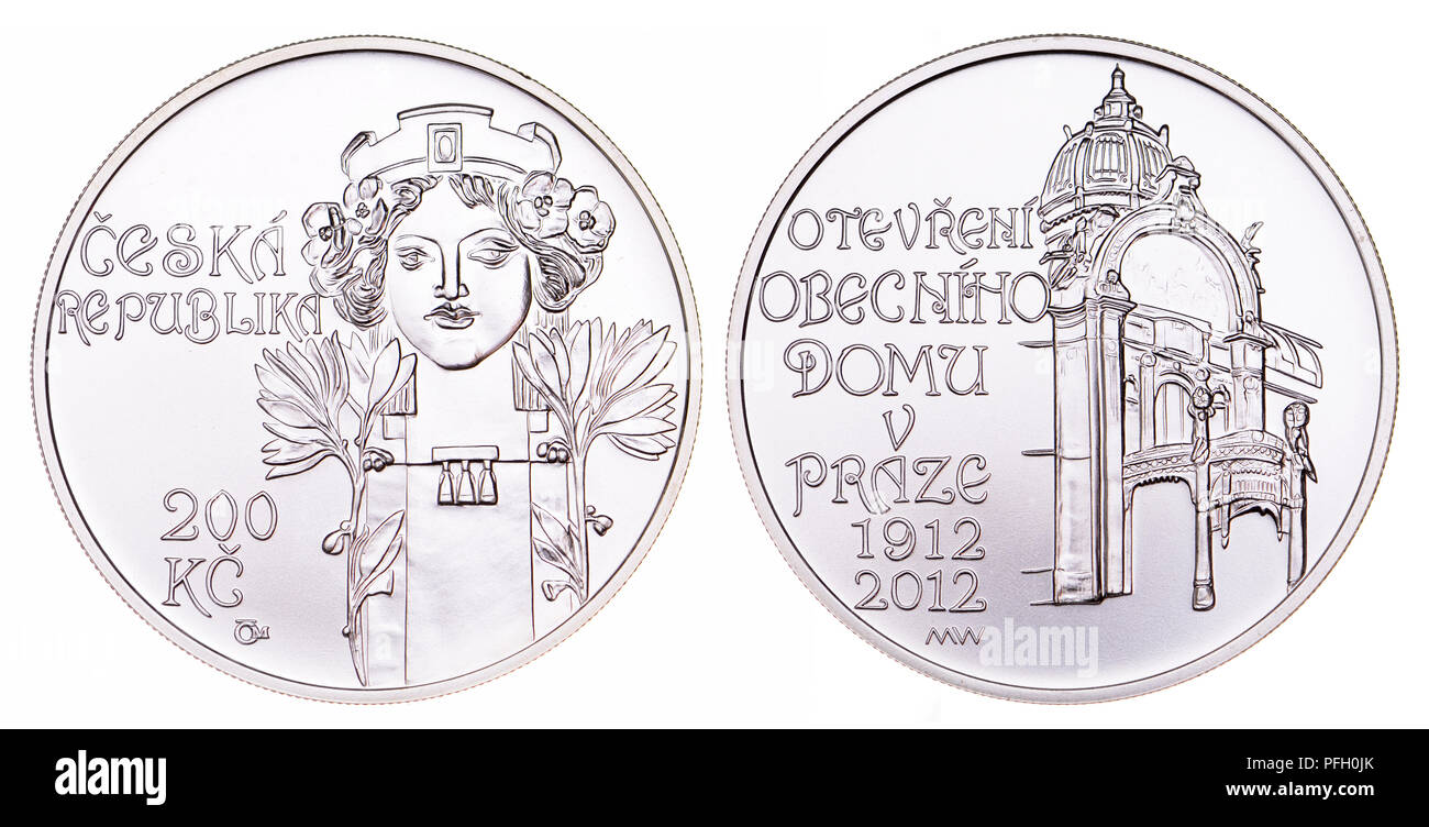 200Kc argento monete commemorative (2012) dalla Repubblica Ceca : Centenario della Casa Municipale (Obneci dum) a Praga - architettura Art Nouveau Foto Stock