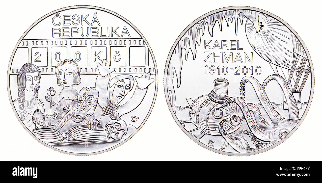 200Kc argento moneta commemorativa dalla Repubblica ceca. Centenario della nascita di Karel Zeman, regista Foto Stock