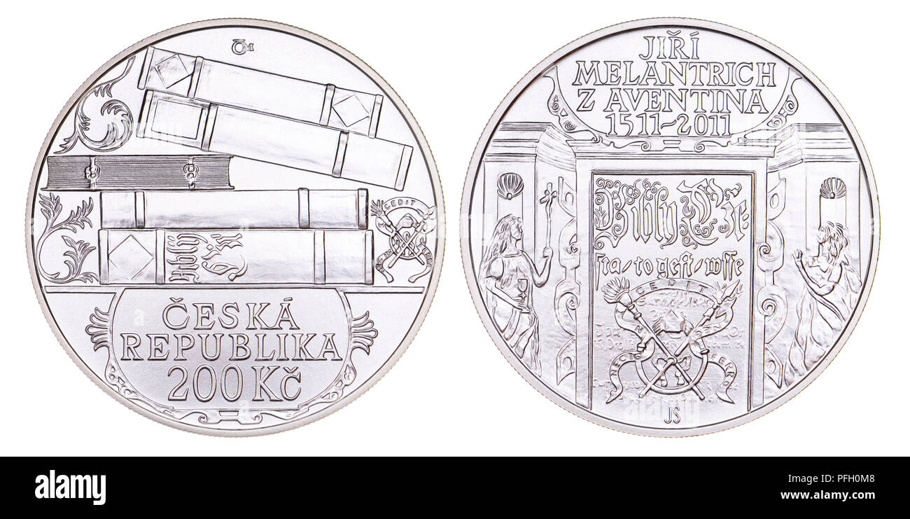 200Kc argento moneta commemorativa dalla Repubblica ceca. V centenario della nascita di Jirí Melantrich di Aventinum / Aventino (1511-1580) Repubblica ceca Foto Stock