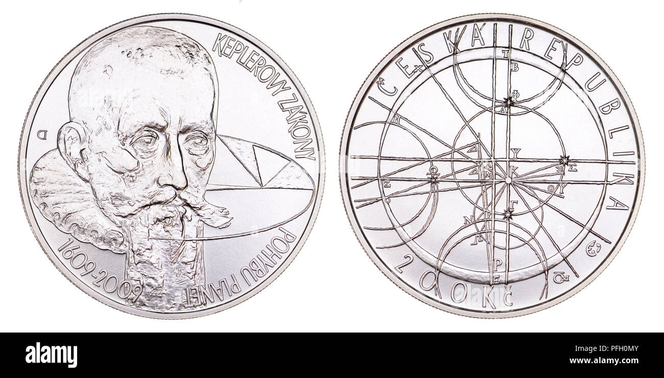 200Kc argento moneta commemorativa dalla Repubblica ceca. Quattrocentesimo anniversario della formulazione delle leggi di Keplero del movimento planetario Foto Stock