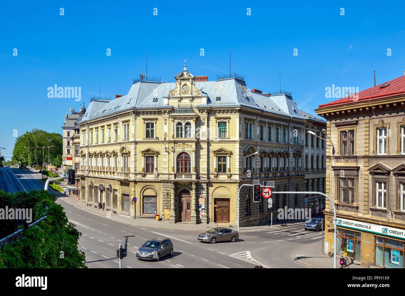 A Bielsko Biala, Polonia - 13 Maggio 2018: il vecchio tenements nel centro di Bielsko-Biala, Polonia. Foto Stock