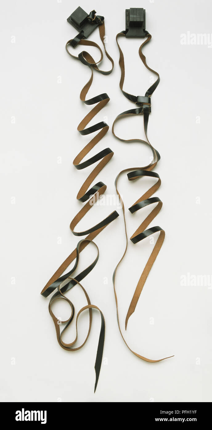 Due tefillins orphylacteries, piccola custodia in cuoio contenenti i testi delle Scritture ebraiche tradizionalmente indossati da uomini ebrei durante la preghiera del mattino. Foto Stock