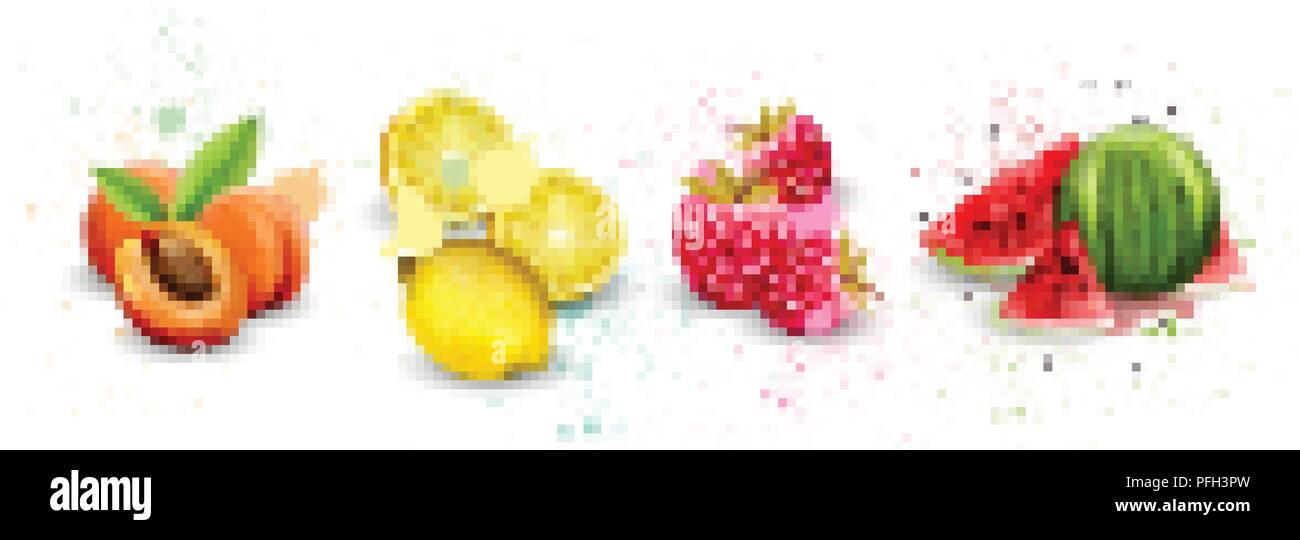 Acquerello frutti vettore set. Albicocca, limone, lampone e anguria deliziosa illustrazione Illustrazione Vettoriale
