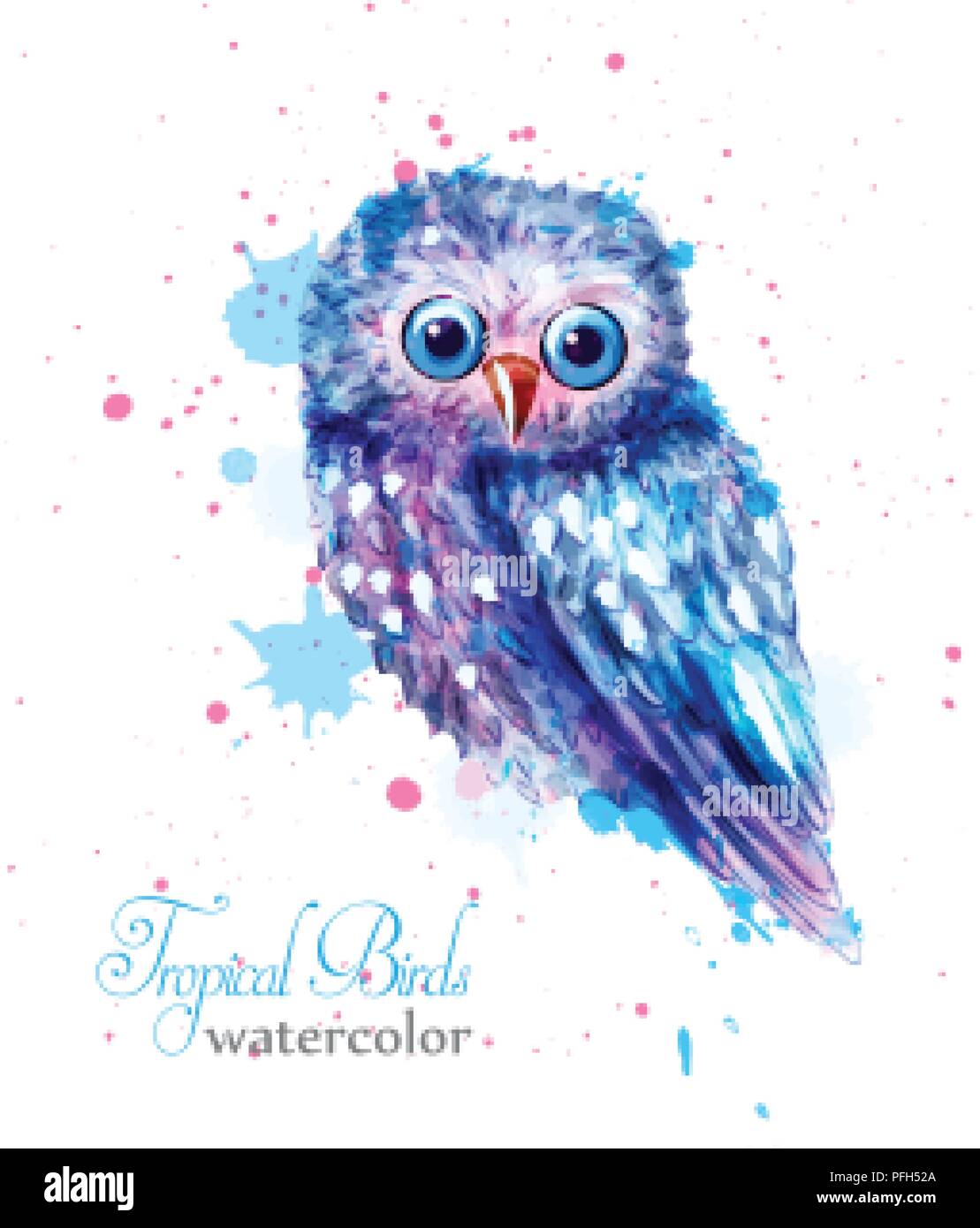 Il gufo uccello variopinto acquerello vettore. Blue Bird carino con macchie di vernice su sfondo Illustrazione Vettoriale