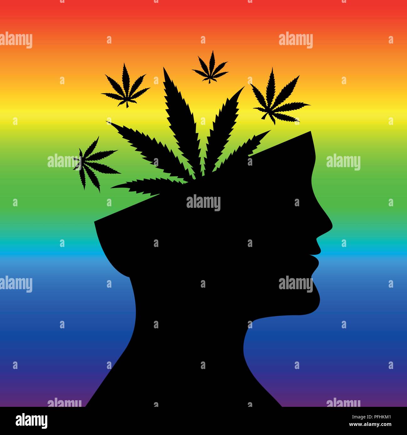 Foglie di cannabis in testa di uomo silhouette rainbow illustrazione vettoriale EPS10 Illustrazione Vettoriale