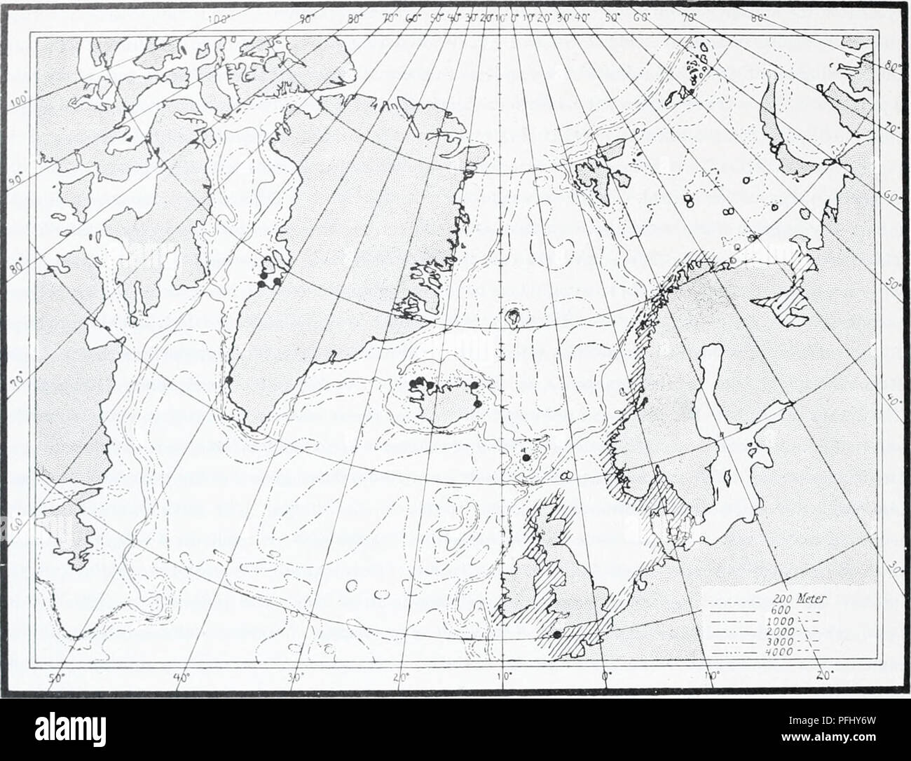 . Il danese Ingolf-spedizione. Animali marini -- regioni artiche; spedizioni scientifiche; regioni artiche. 62 MliDUS/K. II.. Tabella X. • I'iuds ot Uathkcii oitopumtata (M. La Sars). O verificarsi nel Nord Atlantico e le acque adiacenti secondo la letteratura. In Le regioni tratteggiate la specie è frequente. 2) - Lat. 69°27' N, Lungo. 53°4o'W. Sud coa.st della discoteca. Agosto ho8th icjig. Superficie. I'orsild. - 4 esemplari. 3) - Egedcsniinde. Bergendal 1890. - 2 spcciinciis, con boccioli uicchisa. 4) - a nord di Fredcrikshaab. Il 2 luglio 1909. La profondità di 265 m. Riugtrawl, 100 ni filo. "Tjahc" Foto Stock