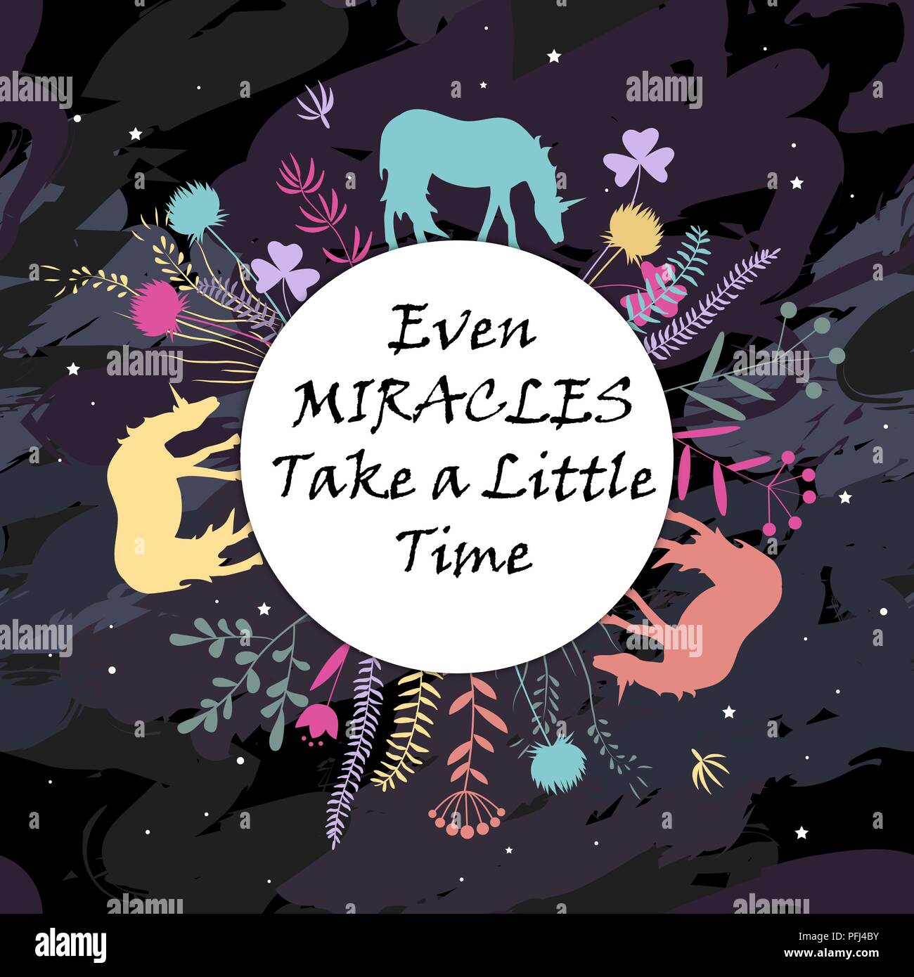 Simpatico biglietto di auguri con fiori e unicorns. Notte fata pianeta. Magic cosmo sfondo. Illustrazione Vettoriale. Anche i miracoli ci vuole un po' di tempo il testo Illustrazione Vettoriale
