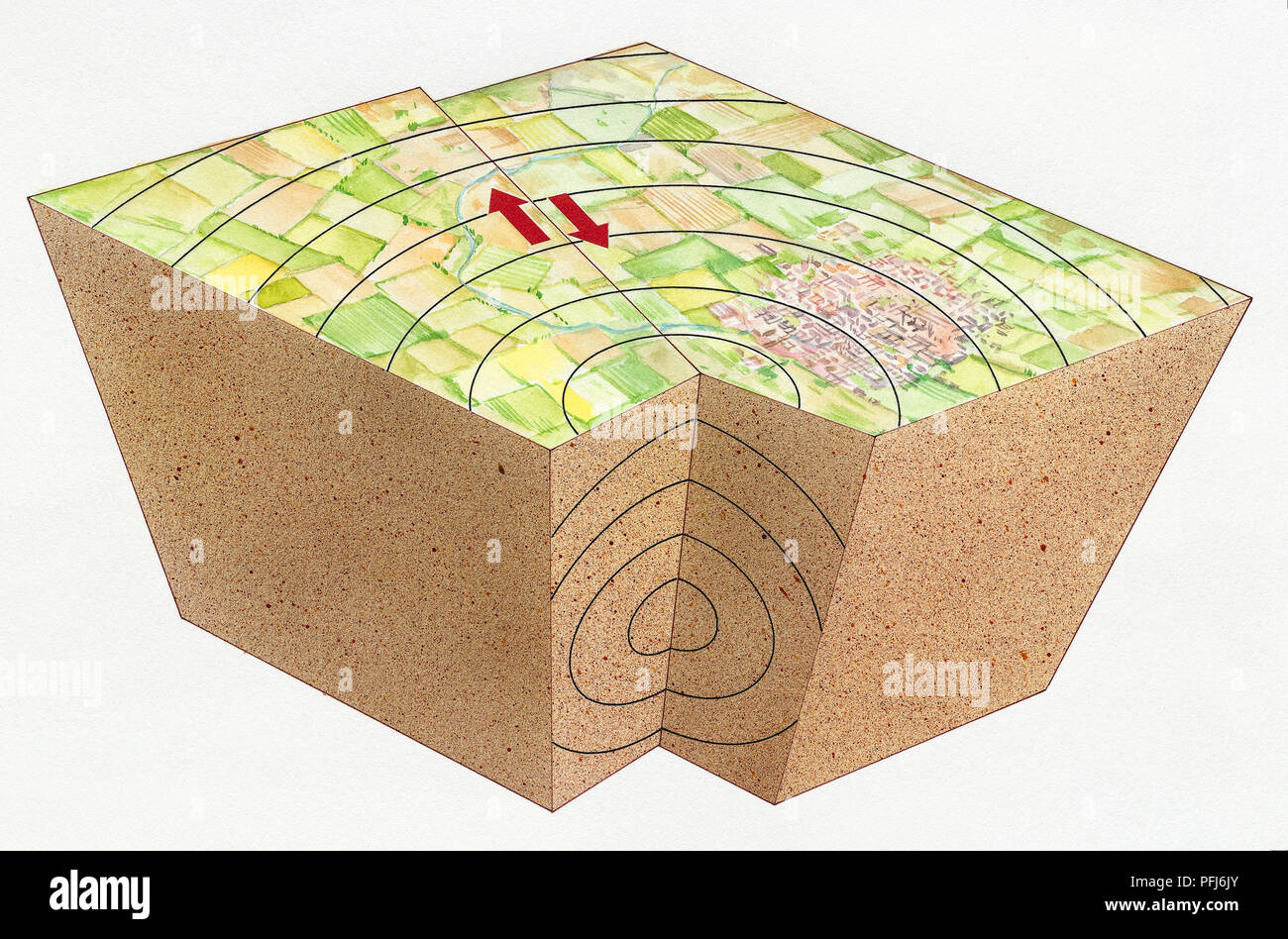 Illustrazione di un taglio lontano della terra che mostra l epicentro del terremoto e la distanza di vibrazioni e di onde di scossa. Foto Stock
