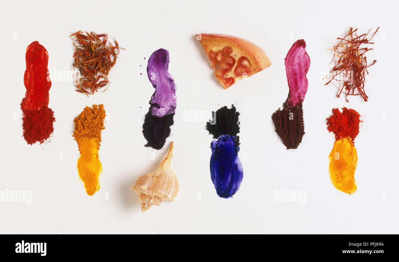 La selezione naturale di coloranti in polvere e le materie prime utilizzate per la loro realizzazione, i fili di zafferano, (giallo), la cocciniglia insetto (rosa), scorza di melagrana (blu), conchiglia dei molluschi (viola) e kermes insetto (rosso). Foto Stock