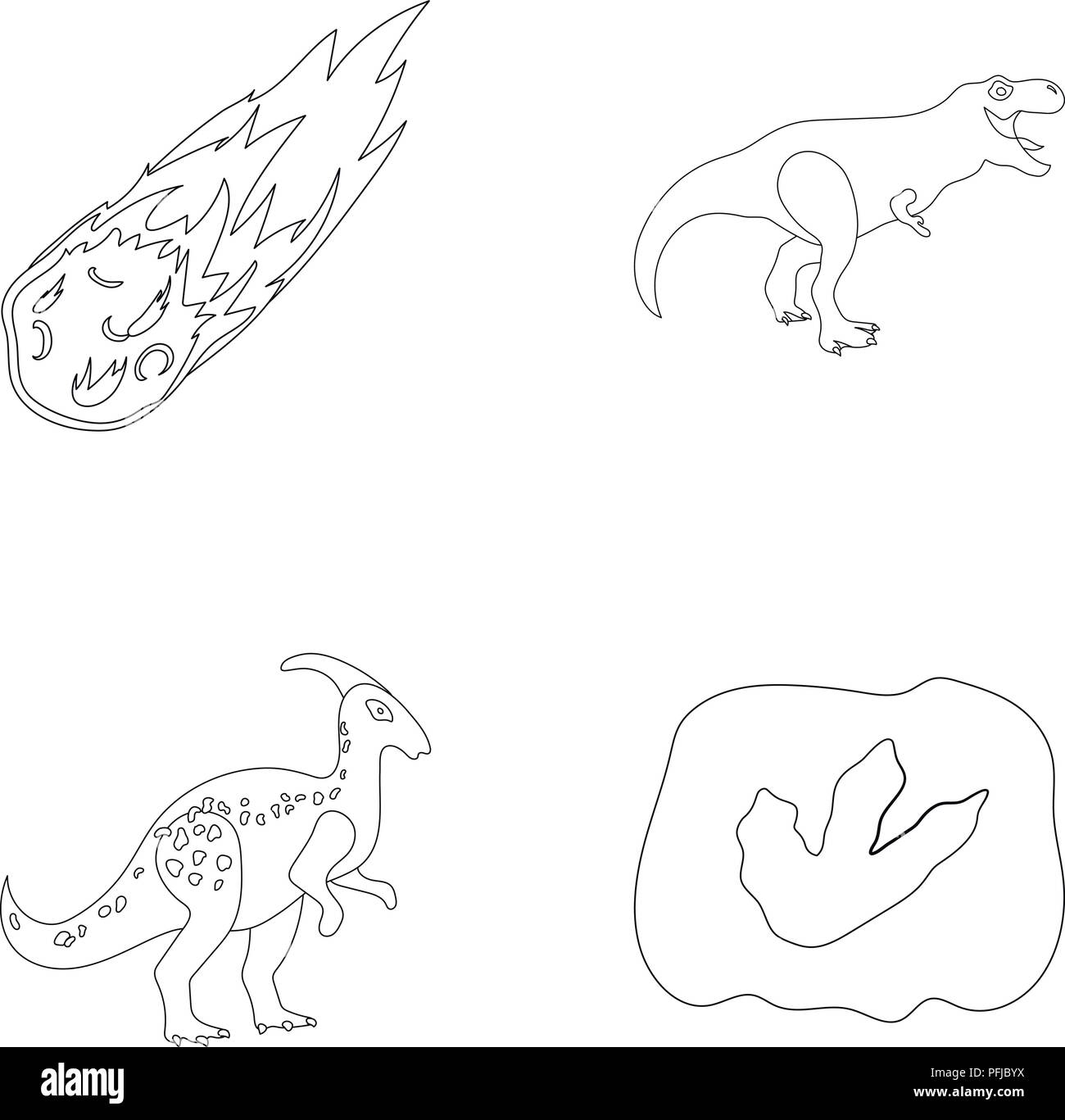 La caduta di un meteorite,parasaurolophus, tyrannosaurus, un impronta di un dinosauro il piede. Il dinosauro e periodo preistorico set di icone di raccolta in outli Illustrazione Vettoriale