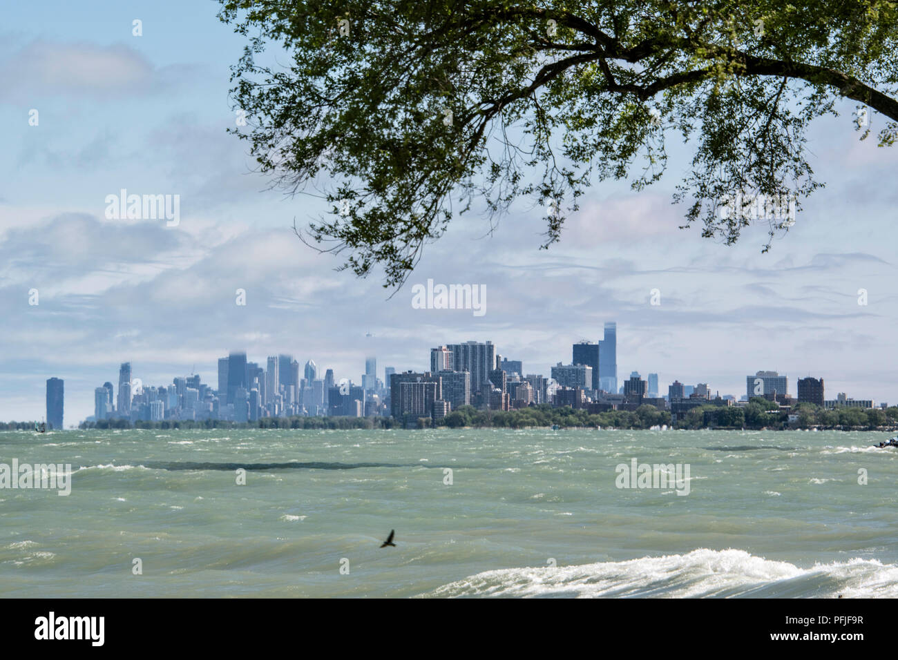 Northwestern University Lakefill in Evanston, Illinois, con una vista del lago Michigan e la skyline di Chicago. Foto Stock