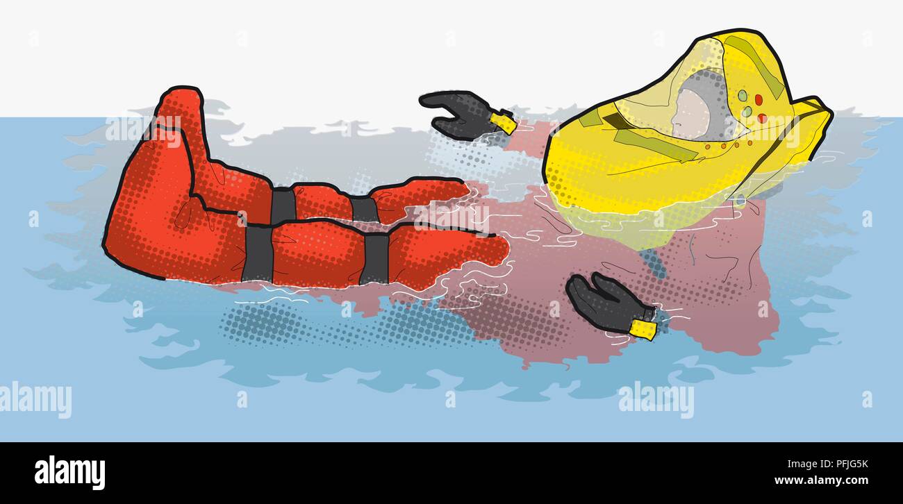 Illustrazione Digitale dell uomo che indossa la sopravvivenza di tuta e giubbotto di salvataggio in mare Foto Stock