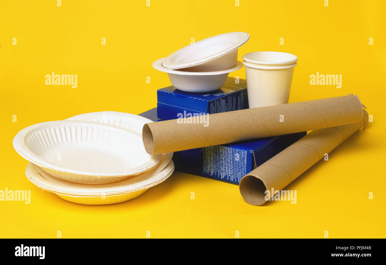 Raccolta di carta usa e getta piatti e bicchieri, scatole di cartone e dei cilindri vicino. Foto Stock