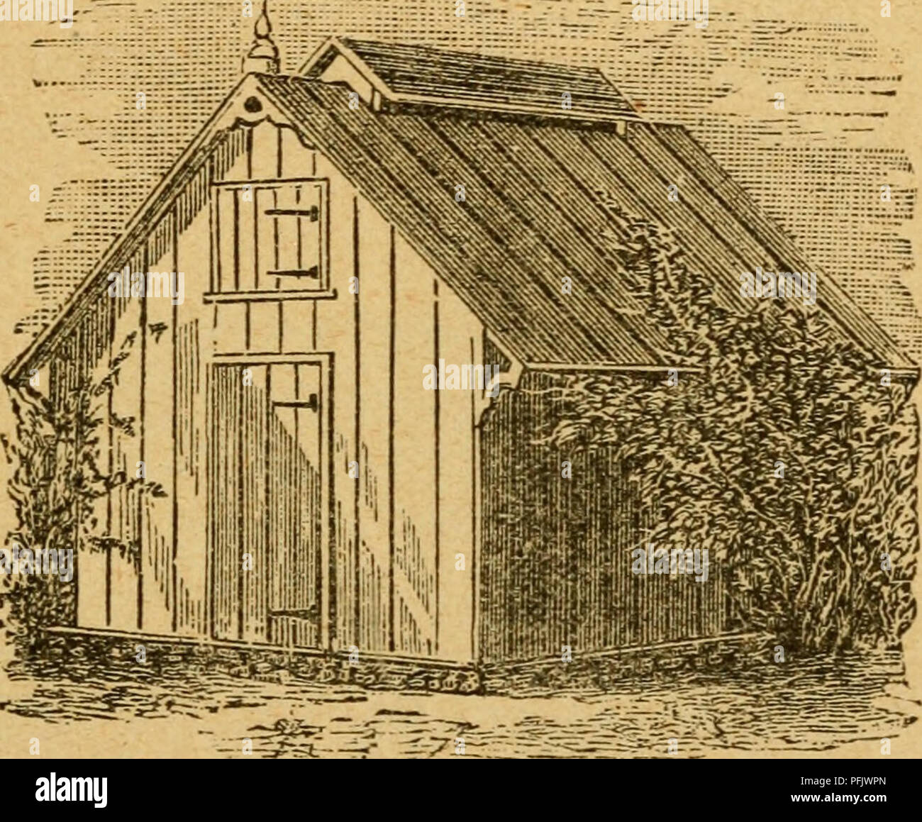 . Il casaro il manuale : un pratico sul trattato della latteria, inclusa la selezione dell'azienda. La produzione di latte. ICE-CASE. 331 "piedi alta. Prigionieri è impostato come necessario. Ruvida (o piallato.) le commissioni sono inchiodate orizzontalmente all'interno e per- pendicularly senza e le crepe battened con nar - strisce di riga. Lo spazio della parete è riempita di segatura. Asciugare wiieat pula potrebbe essere utilizzato in assenza di segatura. Il tetto è di singole tavole, con una apertura di ventilazione nella parte superiore. Le porte sono single, con breve cross-pannelli interno per tenere il ghiaccio. Il ghiaccio è confezionato in forma solida,. Fi^. 63.-ICE-CASA PER PRIV Foto Stock