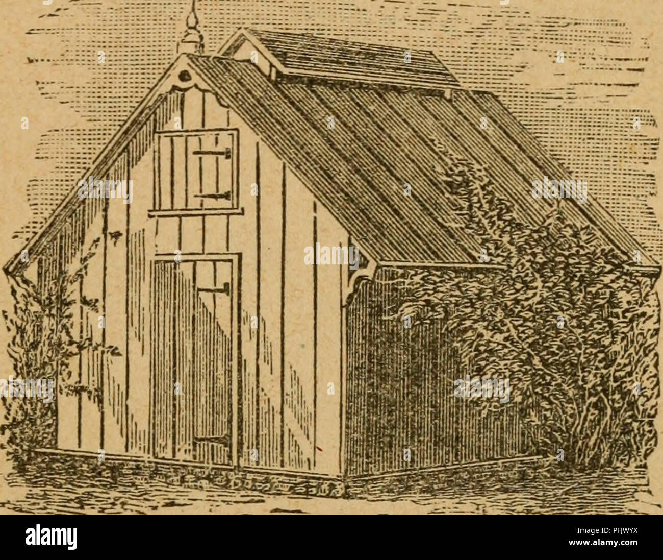 . Il casaro's manuale; una pratica sul trattato della latteria. La produzione di latte. ICE-CASE. 331 piedi higli. Prigionieri è impostato come necessario. Ruvida (o piallato) le commissioni sono inchiodate orizzontalmente all'interno e per- pendicularly senza e le crepe battened con nar - strisce di riga. Lo spazio della parete è riempita di segatura. Il grano a secco la pula potrebbe essere utilizzato in assenza di segatura. Il tetto è di singole tavole, con una apertura di ventilazione nella parte superiore. Le porte sono single, con breve cross-pannelli interno per tenere il ghiaccio. Il ghiaccio è confezionato in forma solida,. Fi^. 63.-ICE-HOUSE FOB caseificio privato. Tranne uno spazio di sei o otto inc Foto Stock