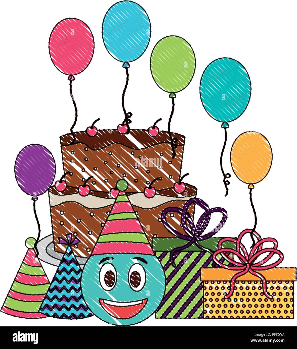 Torta di compleanno emoticon faccia doni palloncini e cappelli di partito  Immagine e Vettoriale - Alamy
