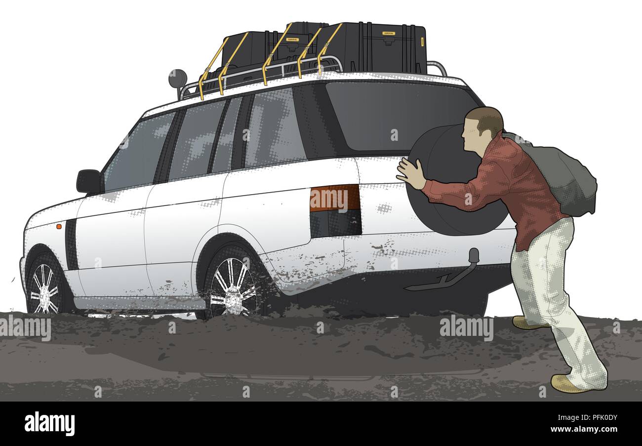 Illustrazione Digitale dell'uomo spingendo con trazione a quattro ruote motrici, il veicolo rimane bloccato nel fango Foto Stock