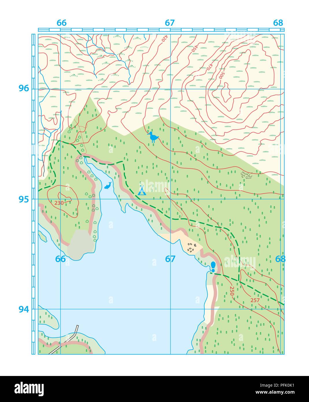 Illustrazione Digitale della mappa di escursioni che mostra la terra e il mare Foto Stock