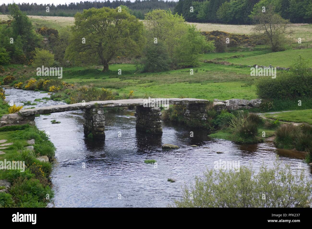 Gran Bretagna, Inghilterra, Parco Nazionale di Dartmoor, Postbridge, antica battaglio ponte tra Oriente Dart River Foto Stock