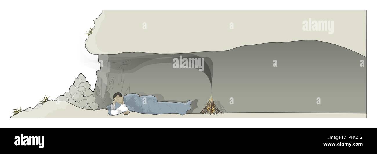 Illustrazione Digitale dell'uomo nel sacco a pelo in grotta riscaldata dal fuoco di campo Foto Stock