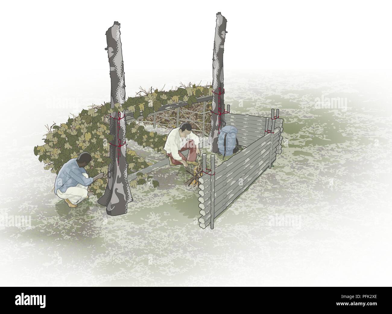 Composito Digitale illustrazione di due uomini telaio di rivestimento della lean-to con bastoni e costruzione di fuoco di campo Foto Stock