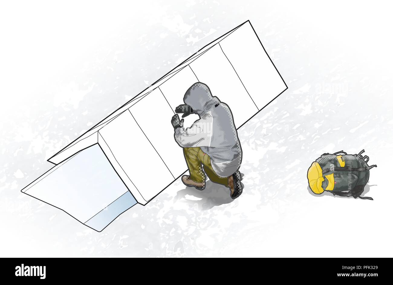 Composito Digitale illustrazione dell uomo di neve di imballaggio sulla parte superiore dei blocchi che formano il tetto di trincea per aggiungere isolamento Foto Stock