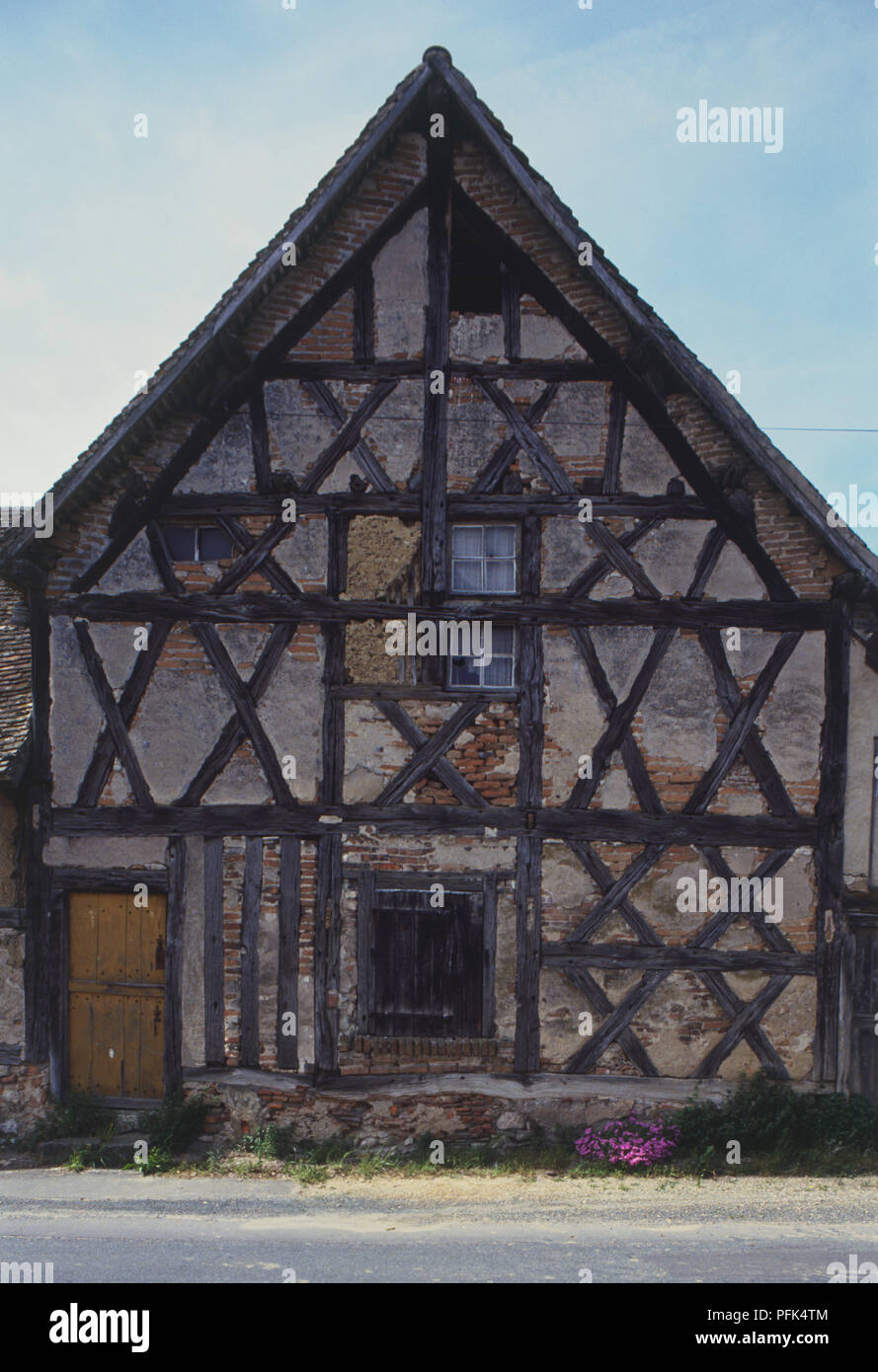 Francia, Valle della Loira, Sologne, facciata di weathered casa in legno e muratura Foto Stock