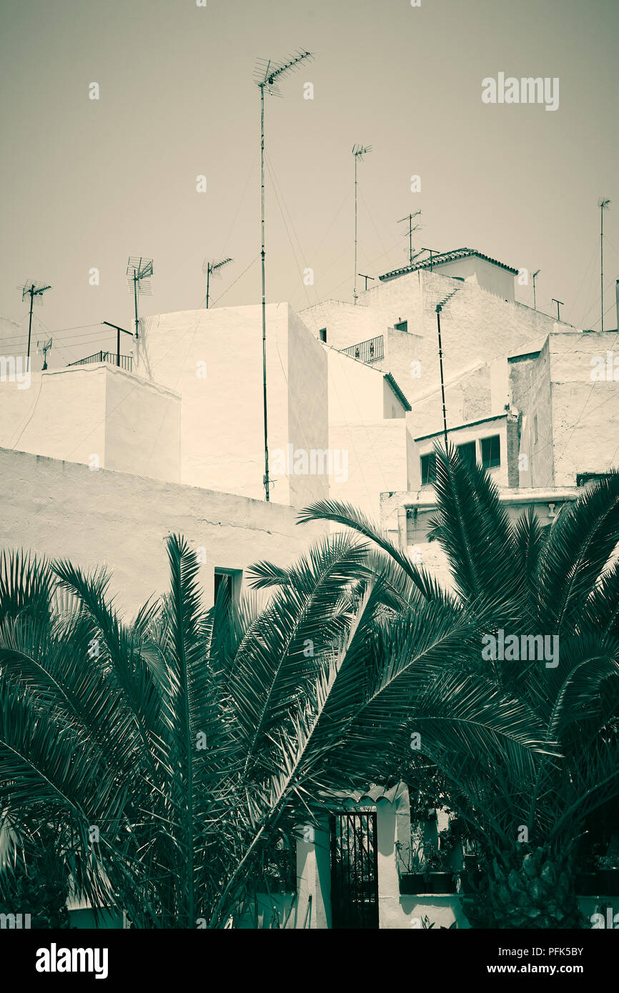 Guardando sopra la parte superiore delle palme per le bianche spagnolo tetti con antenne TV Foto Stock