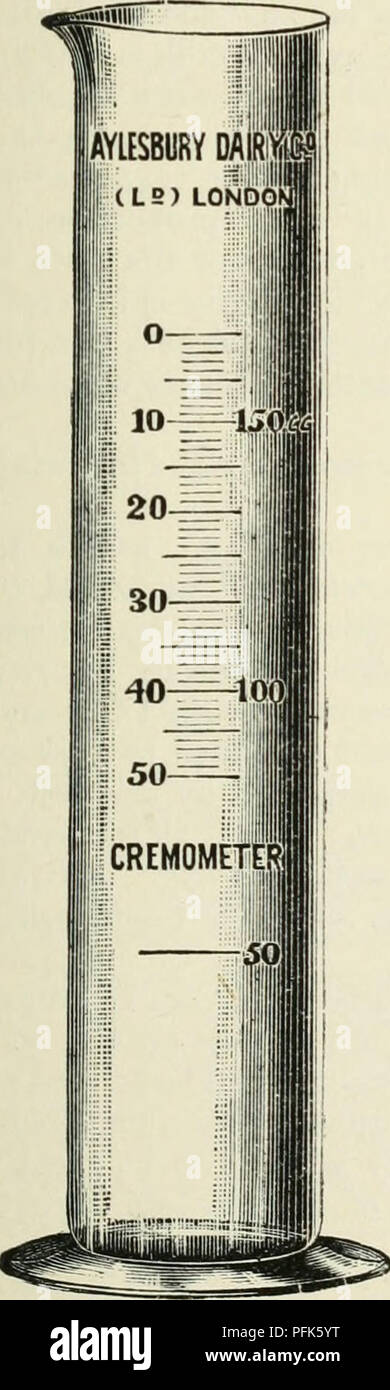 . Chimica dei prodotti lattiero-caseari; un manuale pratico per la latteria chimici e altri avente il controllo delle latterie. Prodotti lattiero-caseari. Sl'ECIFIC stima di gravità. 75 per essere sottratto è 1-1, dando la gravità specifica corretta a 60° F. come 32-9° = 1-0329 ; o se la temperatura è di 66° e la gravità specifica 29°, la correzione da aggiungere è 0-8 e la gravità specifica è 29-8° = 1-0298. Non prendete mai la gravità specifica di un latte senza anche rilevando la temperatura e la correzione a 60° Fahrenheit. Invece di lettura dalla parte inferiore della curva e la realizzazione di una indennità mentale, la lactometers può essere letto da Foto Stock