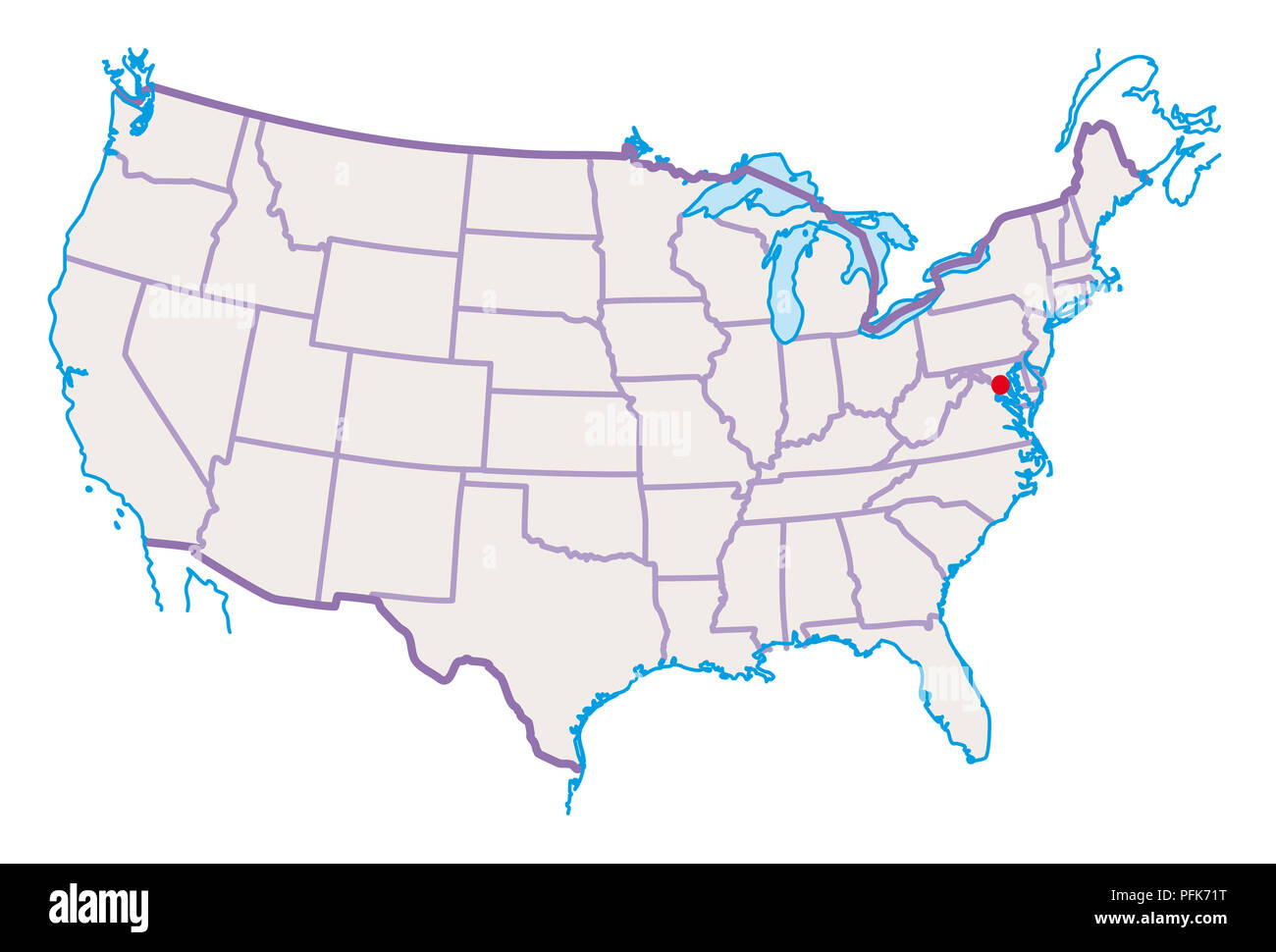 Mappa di Stati Uniti d'America, Washington D.C. evidenziato in rosso Foto Stock