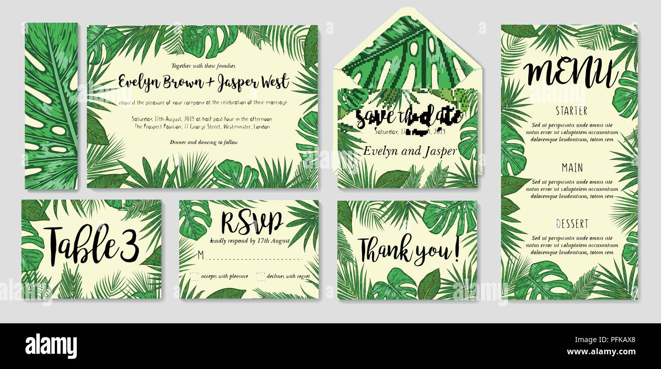 Modello di set di schede con acquarello varie foglie di palmo; wedding design per invito, RSVP, menu, numero di tavola grazie, salva la data guest card & Illustrazione Vettoriale