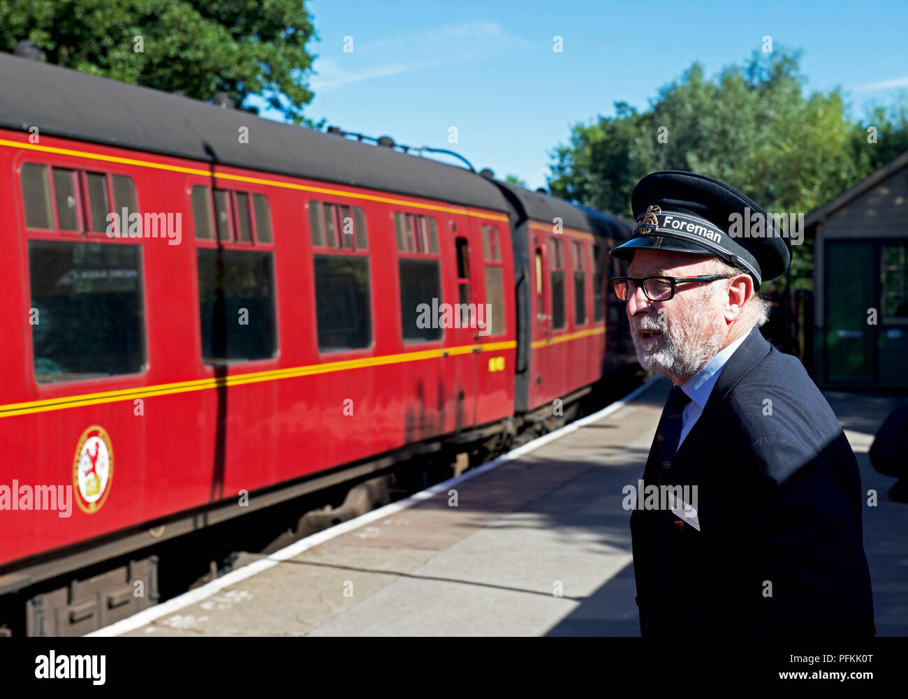 Il treno alla stazione di Pickering, sulla North York Moors Railway, North Yorkshire, Inghilterra, Regno Unito Foto Stock