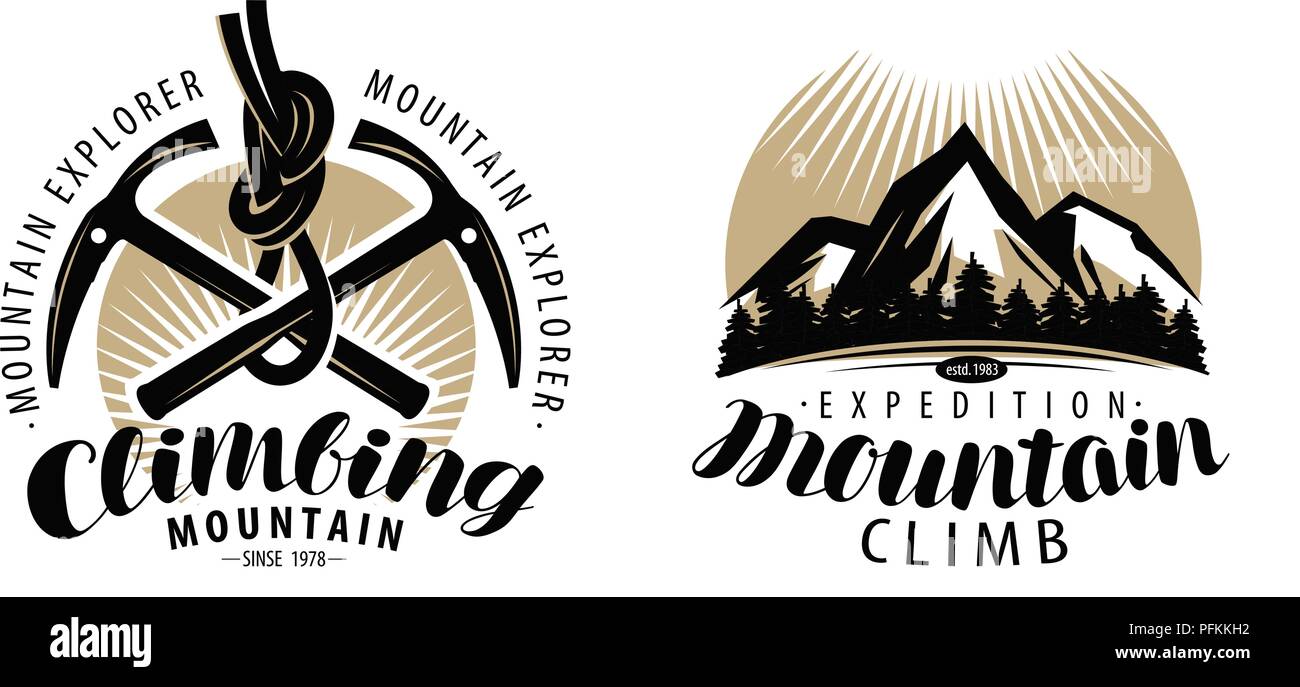 Alpinismo, arrampicata logo o etichetta. Spedizione, mountain salita emblema. Vintage vettore lettering Illustrazione Vettoriale