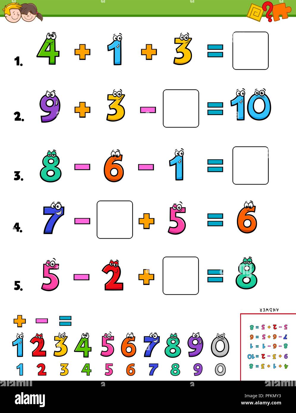 Cartoon illustrazione di istruzione di calcolo matematico eserciziario per i bambini Illustrazione Vettoriale