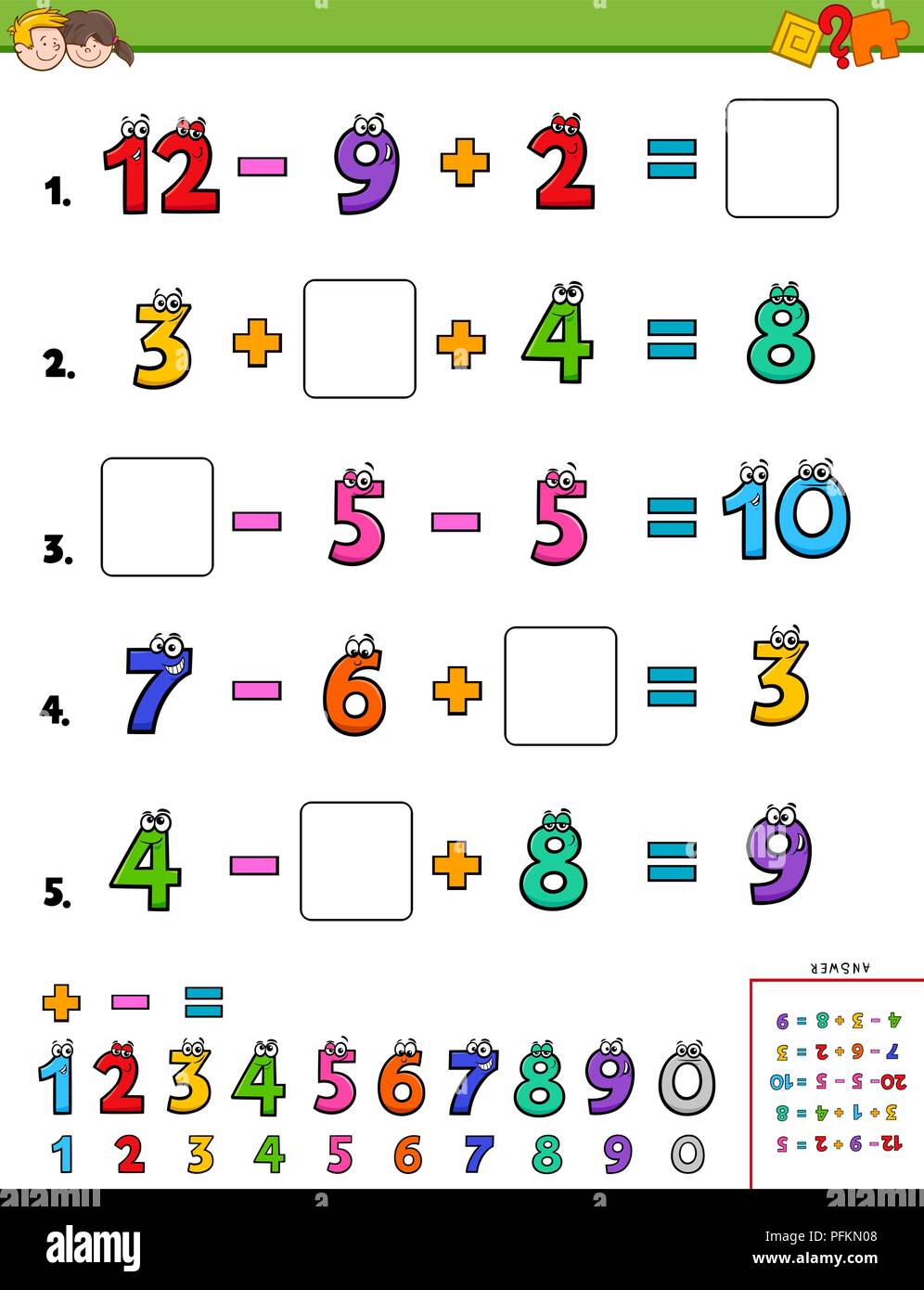 Cartoon illustrazione di istruzione di calcolo matematico Foglio di lavoro per i bambini Illustrazione Vettoriale