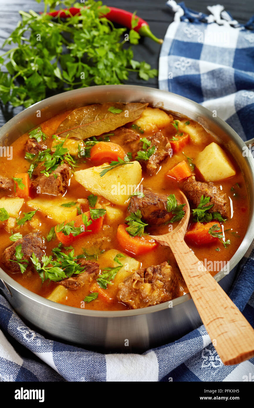 Spezzatino Di Manzo Con Verdure In Una Salsa Piccante O Estofado De Carne In Una Casseruola