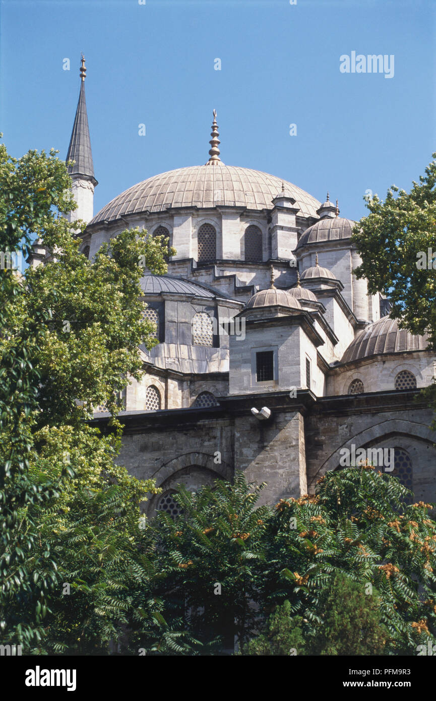 Asia, la Turchia, Istanbul. parte dell'esterno della Moschea Fatih, ricostruita dopo un terremoto nel 1766, piccole cupole e minareti che circonda grande cupola centrale, molte finestre ad arco con latticing, alberi e fogliame in primo piano. Foto Stock
