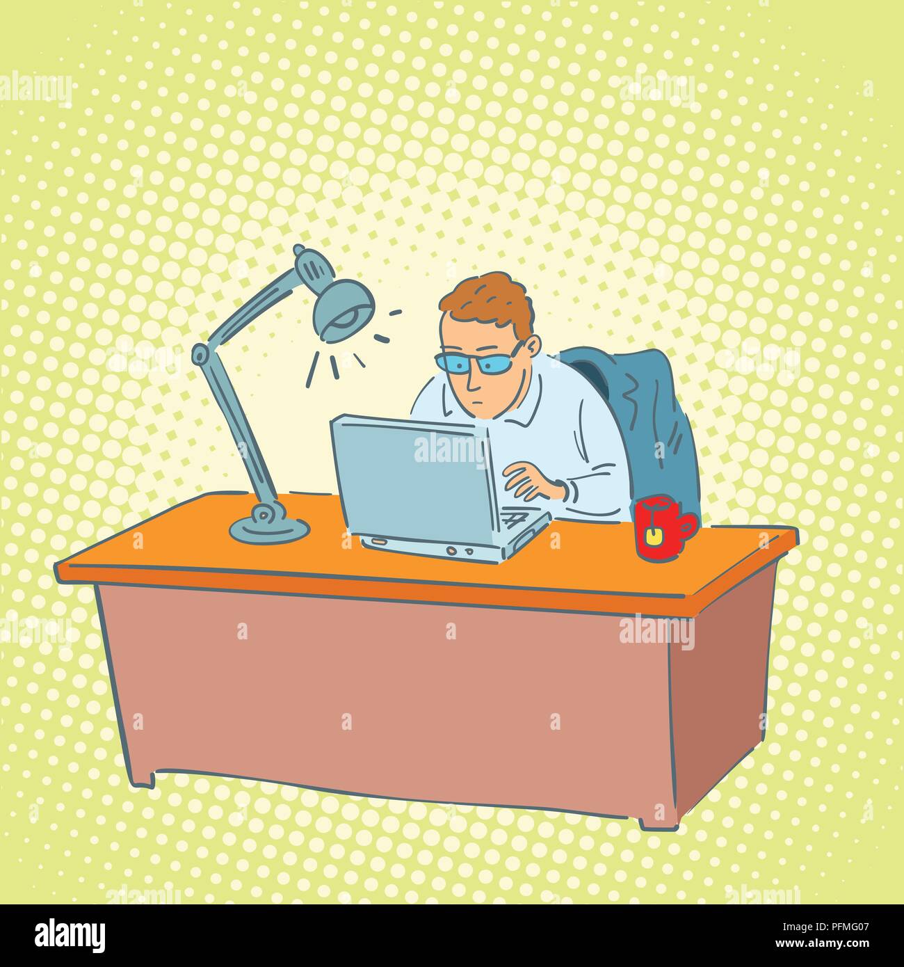 Imprenditore nel lavoro di ufficio su un laptop. Fumetto cartoon arte pop retrò illustrazione vettoriale disegno Illustrazione Vettoriale